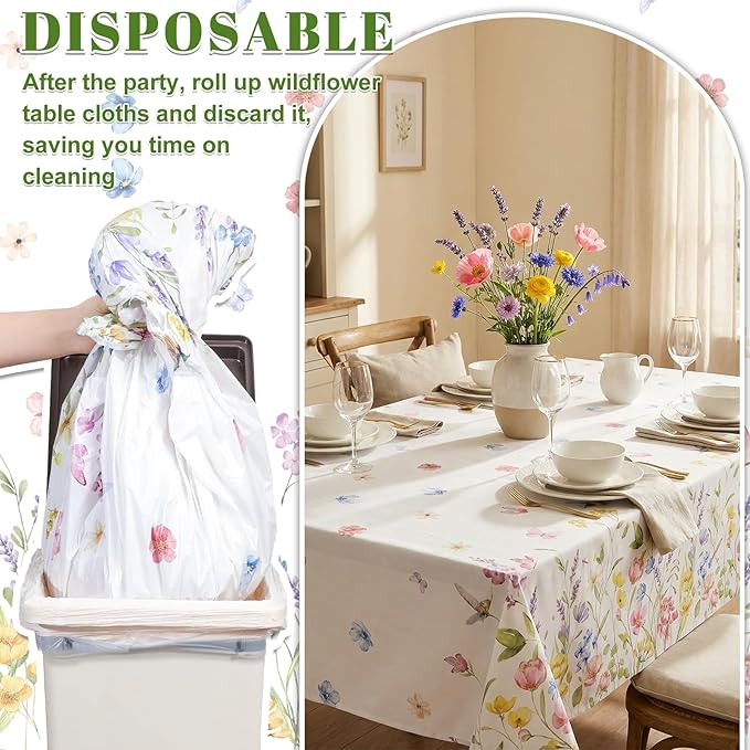 3 Pack Wildflower Plastic Tablecloths, 54 X 108Inch Spring Tablecloth Disposable Tea Party Table Cloth, Butterfly Wildflower Porcelain Tables Decor for Mother's Day Birthday Garden Wedding Party
