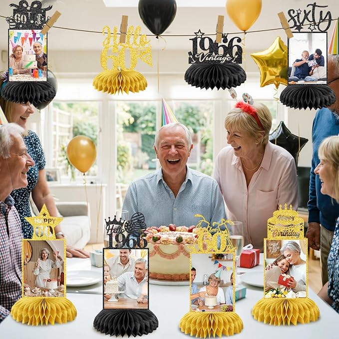 8Pcs 60th Birthday Decoration for Men Women 60th Birthday Centerpieces for Tables Cheers to 60 Years Birthday Honeycomb Decor Birthday Table Topper Black and Gold 60th Birthday Party Favors