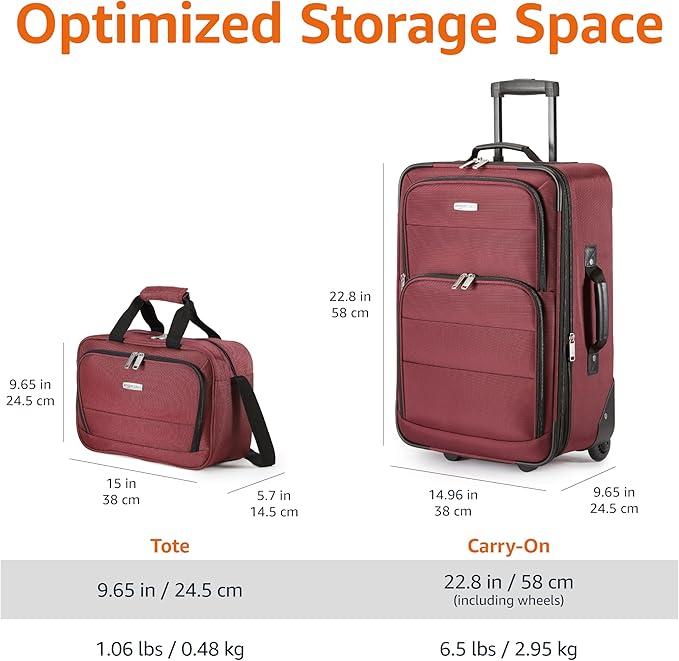 Amazon Basics 2-Piece Softside Luggage Set, 23-Inch Expandable Suitcase with Wheels and 15-Inch Tote, Front Pockets, Telescopic Handle, Burgundy