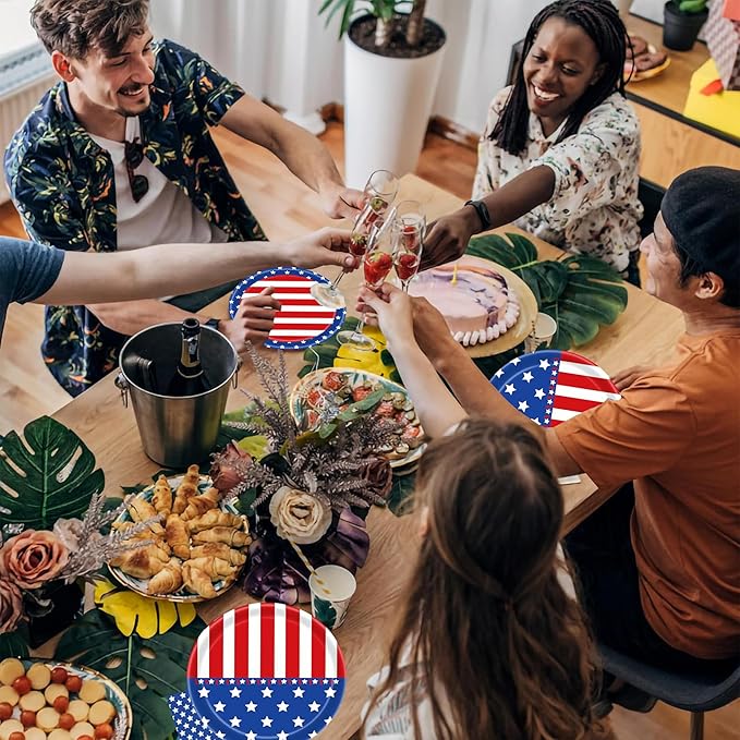 4th of July Party Supplies Set, Patriotic Party Decorations Sets,American Flag Banner Plates and Napkin Tablecloths, 4th of July Decorations Red White and Blue for Memorial ,Serve 25