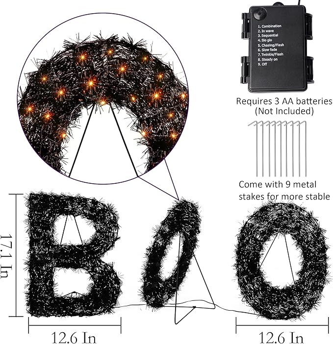 ATDAWN 3 Piece Outdoor Boo Sign Halloween Decoration, Lighted Boo Yard Display Set, Boo Yard Sign for Halloween Indoor Lawn Decor, Black & Orange