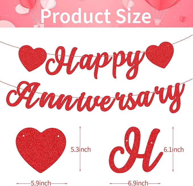Red Glitter Happy Anniversary Banner - Pre-Strung Cardboard Letter Sign with Heart Garland for Couples Wedding Anniversary Love Party Supplies, and Romantic Special Night Bedroom Decorations