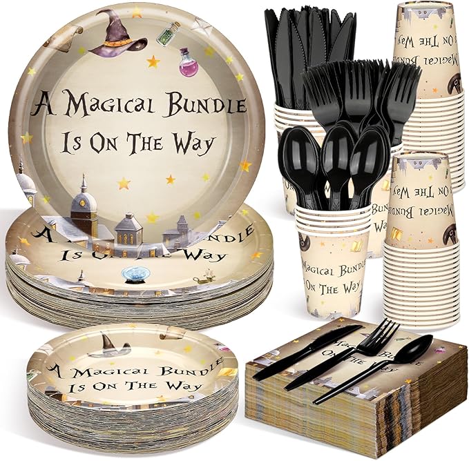 Dandat 350 Pcs Baby Shower Plates Set Baby Shower Party Supplies Serves 50 Tableware Sets Include Plates Napkin Cup Forks Knives Spoons Disposable Dinnerware(Magical Wizard,Black)