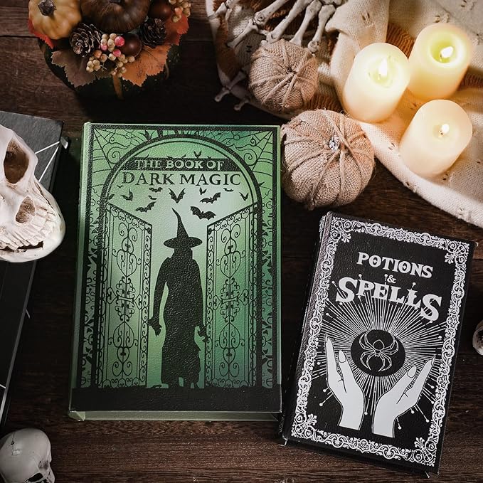 Set of 2 Magic Nesting Halloween Books Decoration Witch Potion Dark Magic Pattern Spooky Holiday Themed Fake Faux Hollow Book Boxes Decorative Vintage Gothic Jewelry Trinket Storage Box