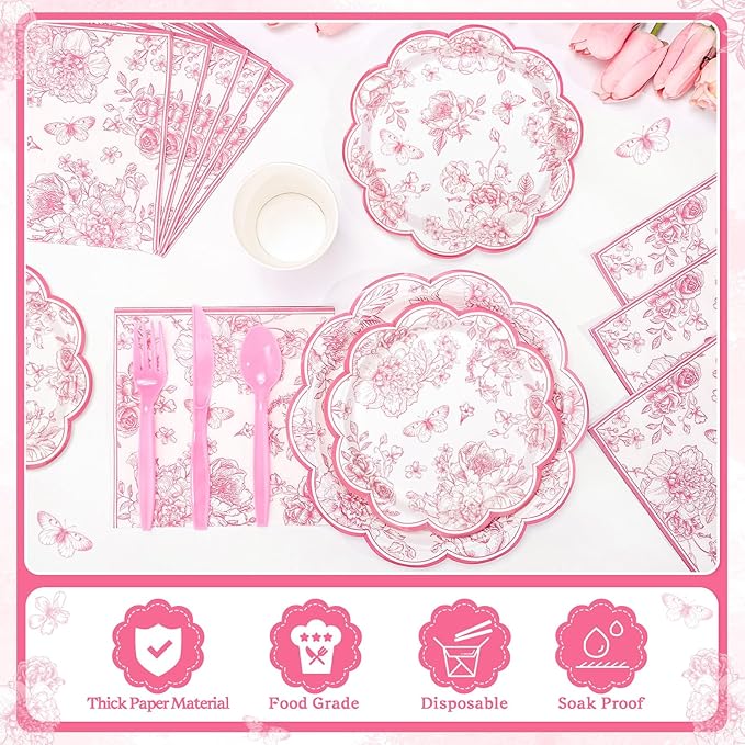 175 Pcs Pink Floral Plates and Napkins, 25 Guest Scalloped Vintage Floral Party Decorations Include Toile Plates Napkins Cups Cutlery for Mothers Day, Wedding, Bridal Baby Shower Tea Party