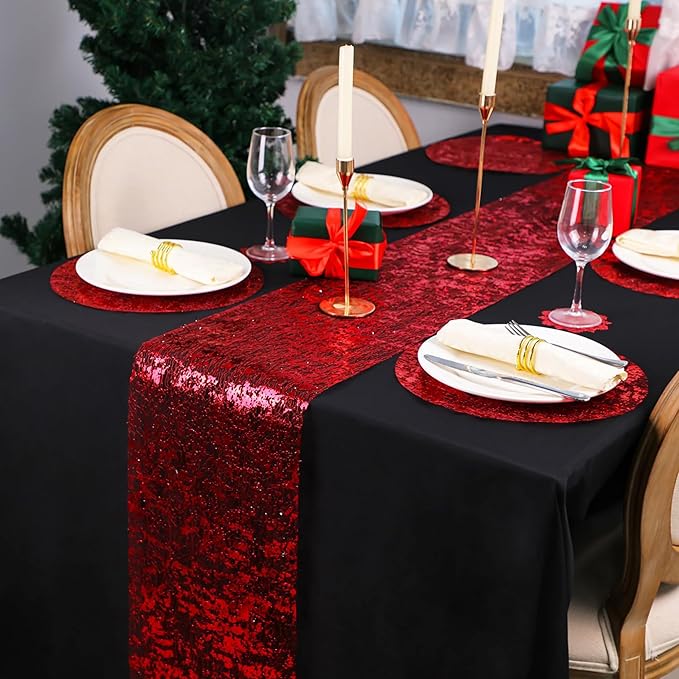 Snowkingdom Red Glitter Table Runner 11 Inch x 49 Feet Sparkle Mesh Long Runner Table Decorations for Wedding Anniversary Party, Birthday, Mother's Day