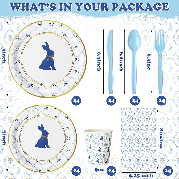 Yungyan 168 Pcs Easter Bunny Tableware Set Birthday Decorations Blue Bunny Bow Disposable Dinnerware Including Paper Plate Cup Napkin Cutlery Baby Shower Party Rabbit Plates for Table Supply Serves 24