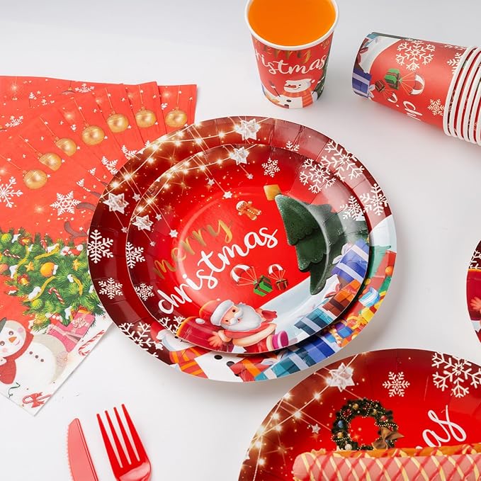 Christmas Party Decorations Xmas Party Supplies Serves for 25-Balloon, Banner, tablecloth, Backdrop, Disposable Paper Plate, Cup, Napkins, Knife, Fork, Spoon