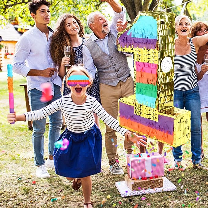 Rainbow Number 1 Pinata Birthday Decorations for Kids, Rainbow Pinata with Bat Stick Blindfold for Boys Girls Birthday Celebrations Baby Shower Party Supplies (16.1x10.6x2.9 Inches)