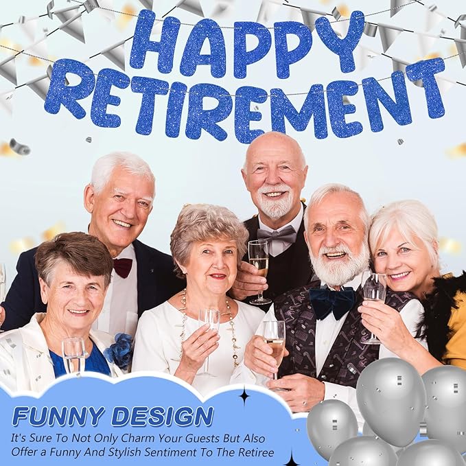 Fulmoon Pre Strung Happy Retirement Banner Glitter Retirement Sign Funny Official Retired Decor Party Decorations Supplies for Men Women Gifts (Navy Blue)