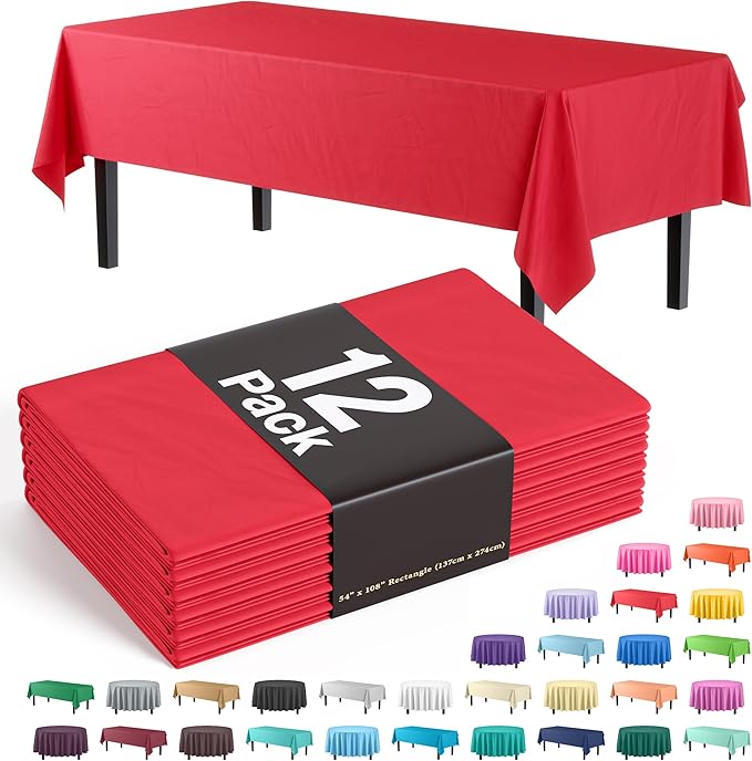 Exquisite 12-Pack Premium Plastic Tablecloth 12-Pack Premium Plastic Tablecloth 54in. x 108in. Rectangle Table Cover - Red