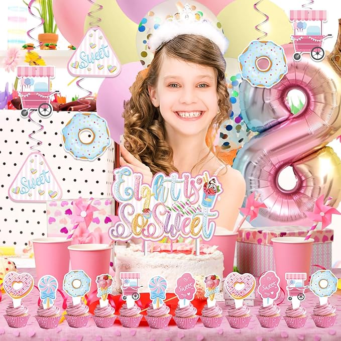 Sweet Sassy And Eight Birthday Decorations- 8th Birthday Decorations For Girls With Donut Banner Sweet Cake Topper 8th Foil Balloon For 8th Donut Themed Party Decor Sweet Eight Party Supplies