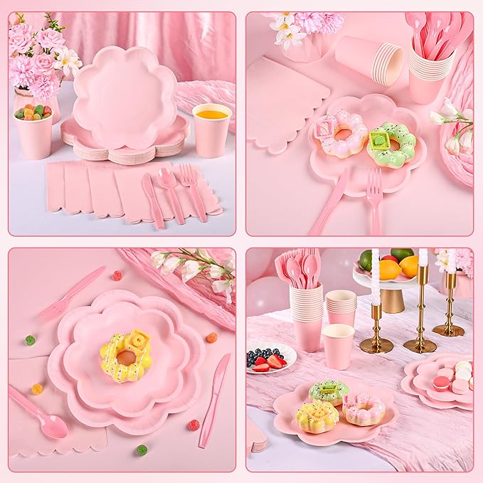 350 Pcs Pink Paper Plates and Napkins Set, Tableware Set for 50 Guests Include Disposable Pink Scalloped Plates, Napkins, Cups, Knives, Forks & Spoon for Baby Shower Easter Party Wedding Birthday