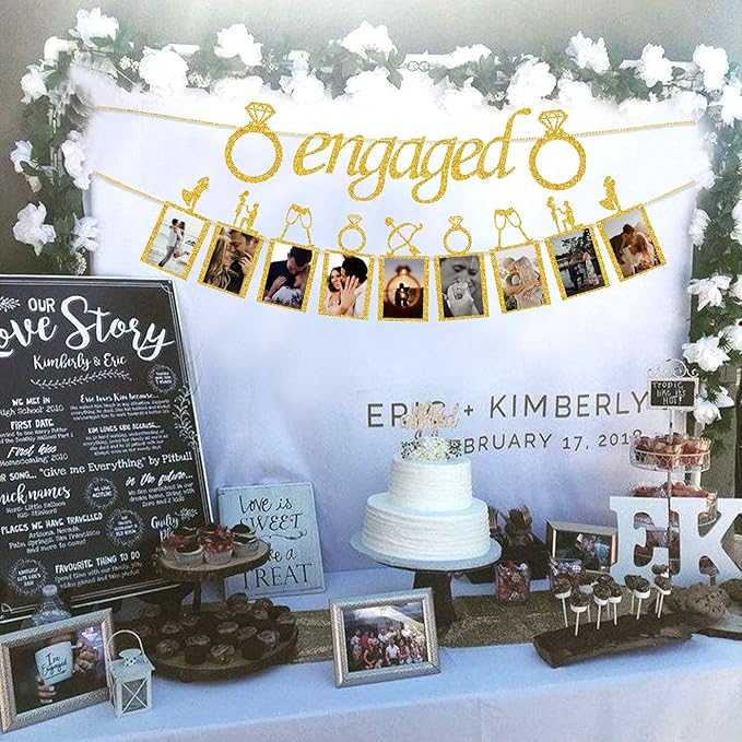 Engagement Wedding Decorations, Gold Engaged Banner and Photo Banner with Romantic Memories Picture Card Frames for Engaged/Wedding/Anniversary/Valentines Day Party