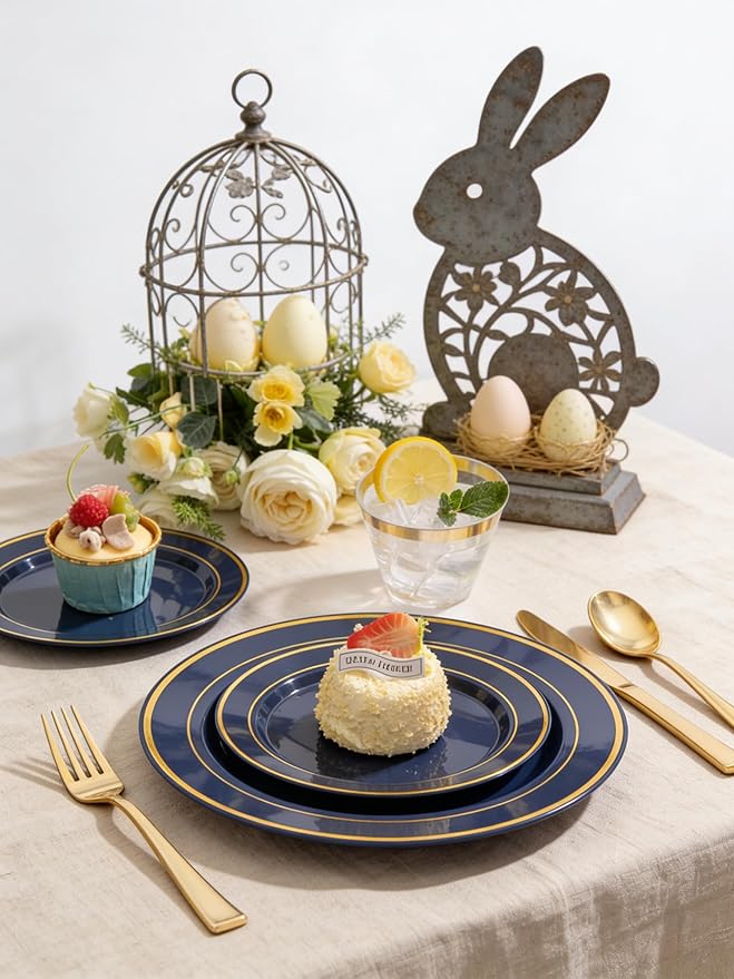 175PCS Blue and Gold Plastic Plates - Navy Blue Plates with Pre Rolled Napkins for Party - 25Guest Disposable Dinnerware Sets for Party/Birthday/Wedding/Passover/Easter