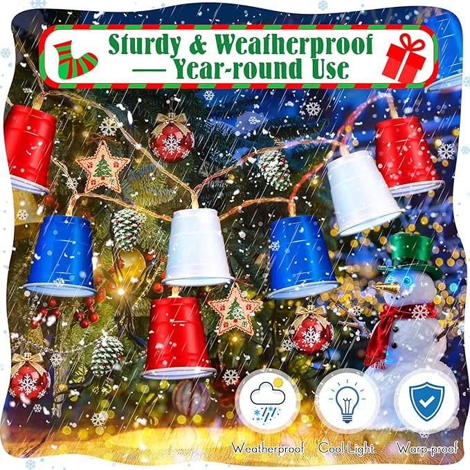 Hiboom Red White and Blue Cups Light, Christmas Shot Cups Fairy String Lights Battery Operated LED for 4th of July Independence Day Christmas Decor Memorial Day Bar Graduation RV Party(2 Pack)
