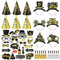 YVAINE 48 Pieces New Years Eve Party Supplies 2026 Black Gold Happy New Year Decorations Kit Includes 6 New Years Party Hats 6 Headband Tiaras 12 Noise Makers and 24 Happy New Year Photo Booth Props