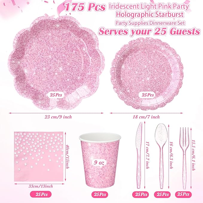 Hushee 175 Pcs Pink Holographic Print Party 25 Guests Disposable Dinnerware Set Include Paper Plates, Napkins, Paper Cups, Plastic Tableware for Birthday Party