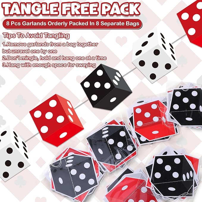 Xinnun Casino Dice Party Decorations Red Black White Dice Hanging Banners Garland Night Las Vegas Theme Cutouts Ribbon Streamers for Vegas Casino Prom Birthday Homies Party Games Decor Supplies