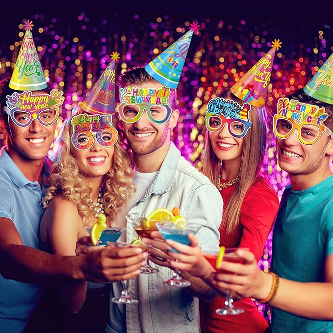 36 Pcs Happy New Year Party Favors 2026 Neon New Year Eve Party Supplies for Adults & Kids,12 Neon Cone Hats and 24 Paper Glasses Fun Decoration Props for NYE Decorations