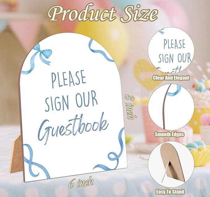 Blue Bow Please Sign Our Guestbook Sign for Baby Shower, 6x8 Inch Arch Wooden Sign with Stand, Blue Baby Shower Table Sign, Gender Neutral Party Decoration - QW12