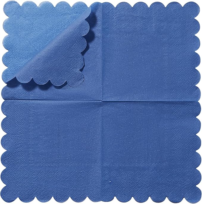 100 Pack Cocktail Napkin 2-Ply Scalloped Edged Dessert Napkins Folded 5 x 5 Inches Disposable Napkins for Dinner Wedding Birthday Party Bridal Anniversary Reception Event (Navy Blue)