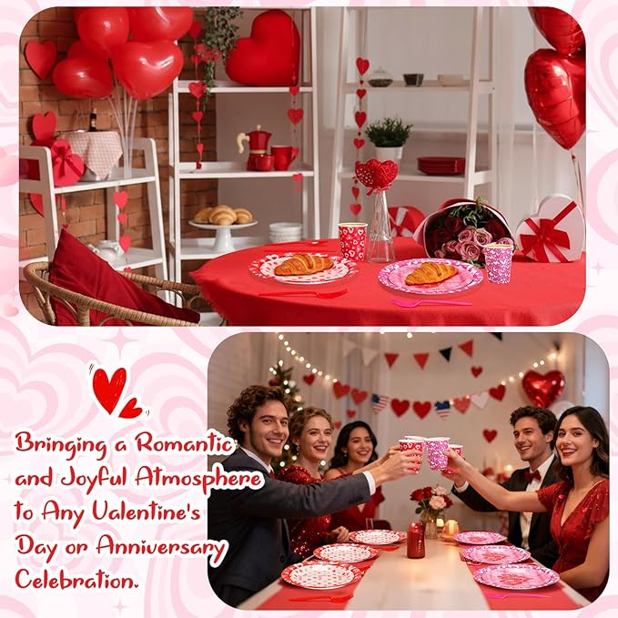 450 Pcs Heart Love Tableware Set Decorations Mother's Day Paper Plates Napkins Cups Cutlery Straws for Church Event Party Supplies, Serves 50