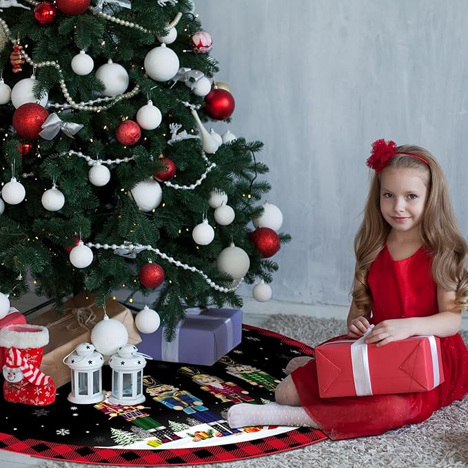 48 Inch Christmas Tree Skirt Double Layer Large Snowflake Xmas Tree Mat Decor for Winter Holiday Party Indoor Outdoor Christmas Decorations(Black,Nutcracker)