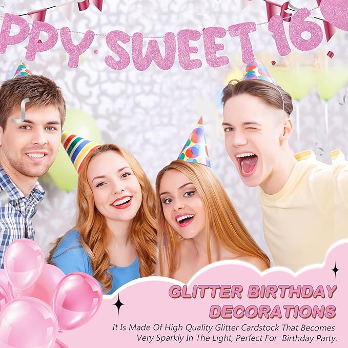Fulmoon Pre Strung Happy Sweet 16 Banner Glitter Sixteenth Birthday Party Decorations 16th Party Sign Sweet 16 Party Decorations for Birthday Party Bachelorette Party(Pink)