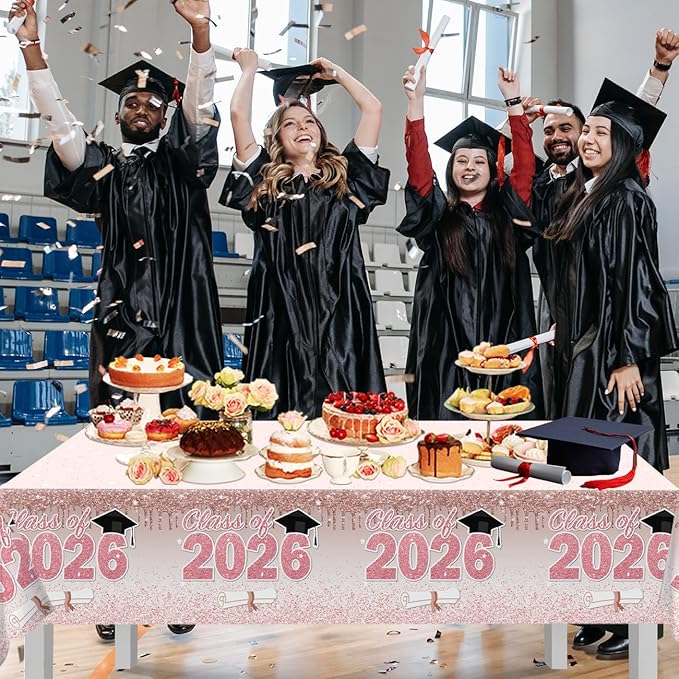 ssailue decor Pink Graduation Decorations Class of 2026 Tablecloth,4 Pieces 2026 Graduation Party Tablecloth, Class of 2026 Decorations Plastic Disposable Table Cover Party Supplies