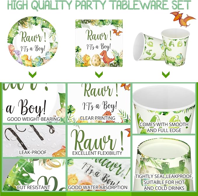 200 Pcs Dinosaur Baby Shower Paper Plates Napkins Cups Baby Shower Party Supplies Tableware Set Dinosaur Disposable Cup Napkin for 50 Guest Girls Spring Party Decoration