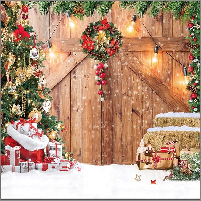 CYLYH 8x8FT Christmas Backdrop Barn Wood Door Photography Backdrop Xmas Tree Snow Gift Wall Floor Party Photo Background for Holiday New Year Party Banner Christmas Family Party Supplies