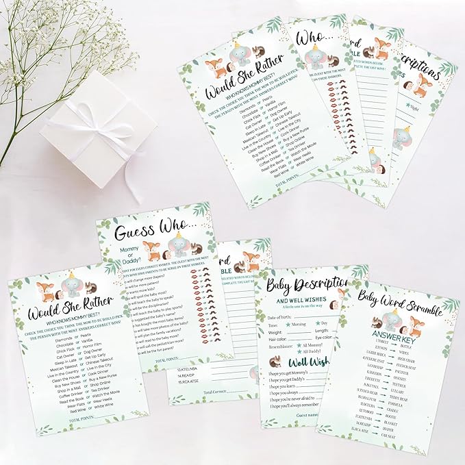 HOMANGA Baby Shower Games, 4 Funny Games for 25 Guests, Guess Who Mommy or Daddy, Word Scramble, Gender Neutral Woodland Animal Theme Baby Shower Decorations for Baby Boy or Baby Girl