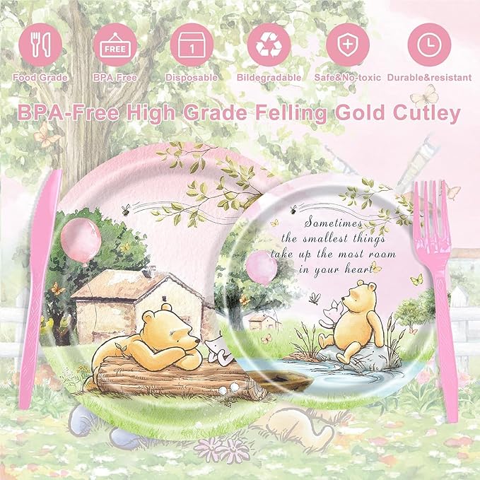 120PCS Pink Classic Winnie Bear Party Supplies Babyshower 1st Party Decorations for Kids Girls Birthday Neutral Bear Plates Napkin Cups Tableware Set for 20 Guests