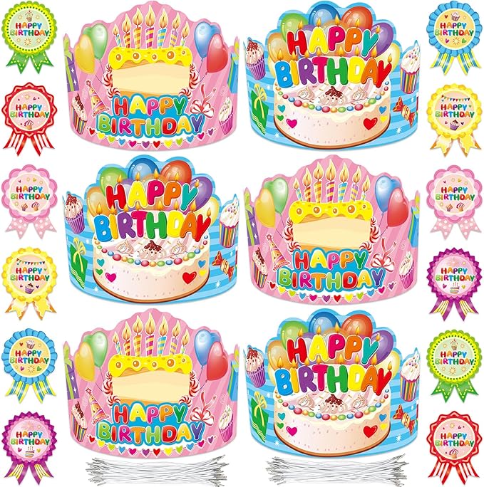 WorldBazaar Birthday Crowns for Kids Classroom 36 Pack Happy Birthday Hats with Badge Stickers Teacher Classroom School Family VBS Party Supplies