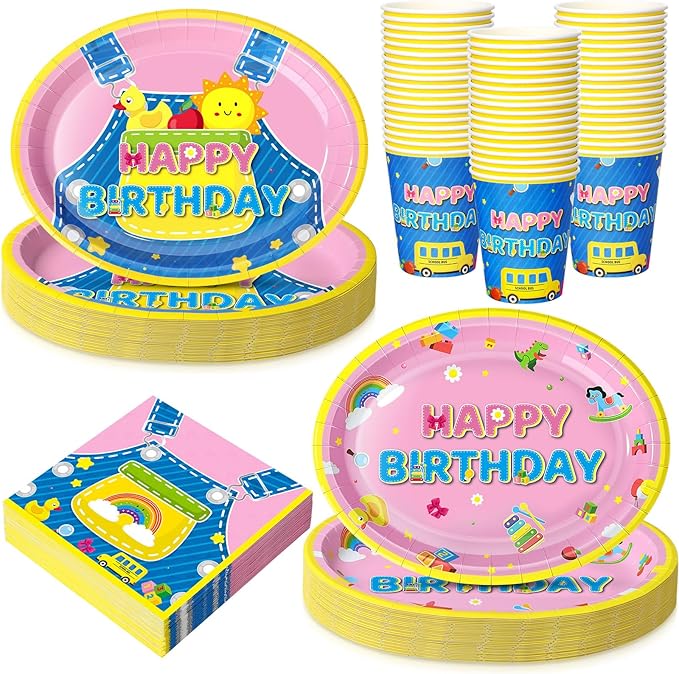 Vesici 150 Pcs Cartoon Birthday Oval Paper Plates and Napkins Set-serves 50, Cartoon Teacher Party Supplies 10'' x 12'' Large Disposable Heavy Duty Plate English Teacher Tableware for Birthday Party