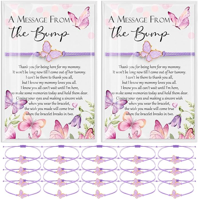 Ferreve Baby Shower Favors for Guests Bulk, 50 Pack Butterfly Wish Bracelets with “A Message from the Bump” Cards, Baby Shower Party Favors for Gender Reveal