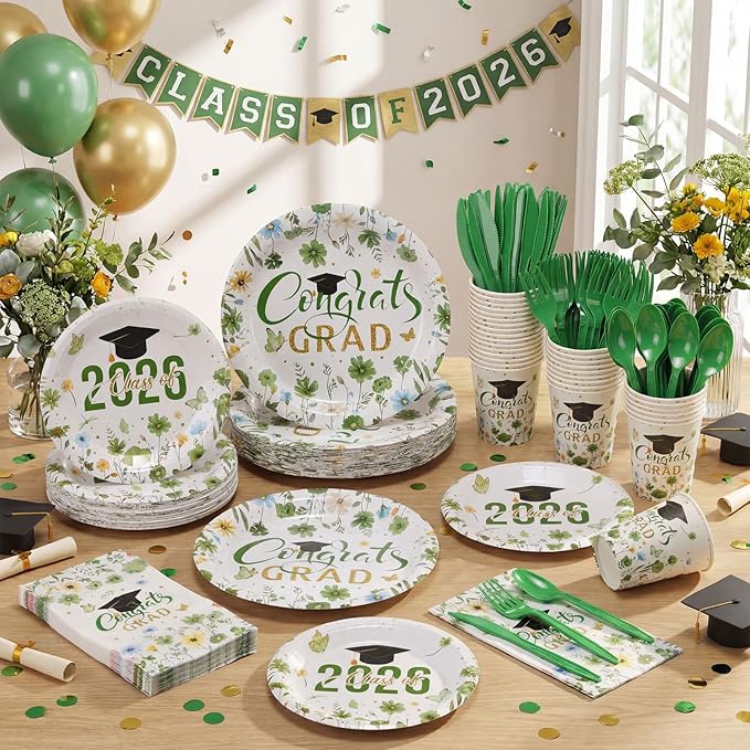 400 Pcs Class of 2026 Green Floral Graduation Decorations for 50 Guest, Green Gold Flower Graduation Paper Plates Napkins and Cups Cutlery Grad Tableware for 2026 Congrats Grad Party Supply