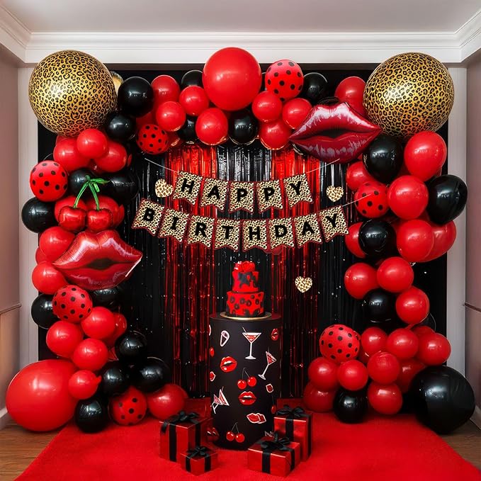 Leopard print party decorations with Red Black polka dot Balloon Arch & lips cherries black hearts foil balloons & banner foil Tinsel Fringe for Girls Woman cheetah print Birthday decorations (Red)