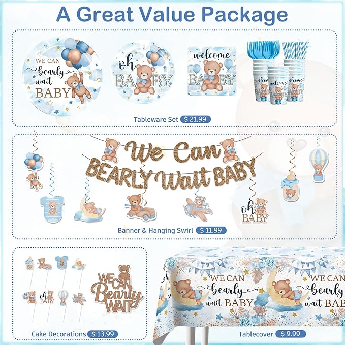 216PCS Blue Baby Shower Decorations Serves 25, Boy Baby Shower Include Banner, Plates, Balloons, Cake Topper and Tablecloths, for Baby Boy Shower Decorations