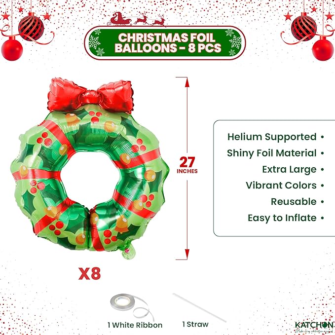 KatchOn, Wreath Christmas Balloons – Pack of 8 | Christmas Decorations Indoor | Wreath Balloons with Red Bow for Holiday Celebrations, Family Gatherings | Outdoor Xmas Decorations