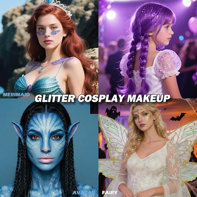 Purple Hair Glitter Stick for Kids,Mardi Gras Outfit for Women,Waterproof Mermaid Body Face Glitter Makeup,Mardi Gras Accessories Chunky Sequins,Halloween Glitter Body Paint for Carnival Festival