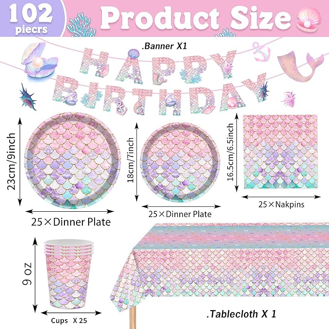 Mermaid Birthday Party Decorations Set - Supplies Include Plates, Napkins, Cups, Tablecloth, Banner for Baby Shower - Ocean Little Mermaid Party Decorations, Serves 25
