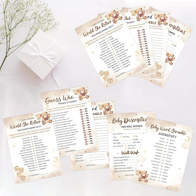HOMANGA Baby Shower Games for Boy or Girl, 4 Funny Games for 25 Guests, Who Knows Mommy Best, Guess Who, Word Scramble, Gender Neutral Bear Design Baby Shower Decorations