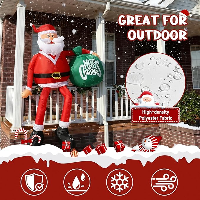 JOYHALO 8FT Christmas Inflatable Sitting Santa Claus Outdoor, Santa Blow Up Yard Decorations with Gift Bag, with Bright LED Lights, Climbing Santa for Roof Indoor Lawn Party Decor