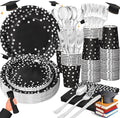 168Pcs Black and Silver Party Decorations, Black Plates and Cups and Napkins Sets Severs 24, Birthday Decorations for Prom Graduation Birthday Happy New Year Party