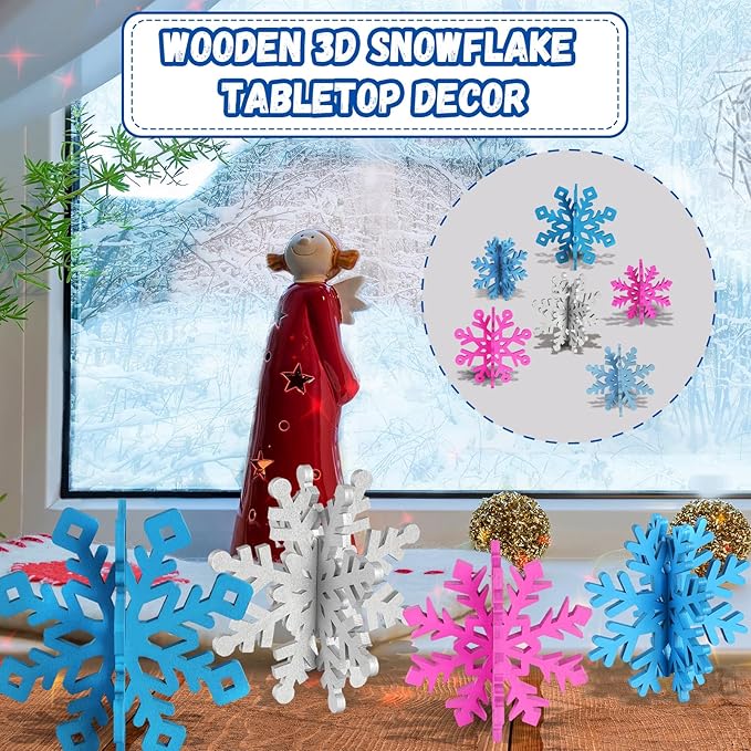 OuMuaMua 6 Sets Snowflake Christmas Table Decorations - 12pcs Blue Fuchsia Purple Sliver Wooden 3D Snowflake Decor Tabletop Centerpieces for Christmas Winter Wonderland Party Supplies Home