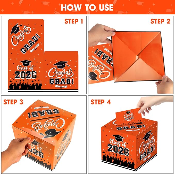 Graduation Card Box 2026 - Congrats Grad Card Boxes Holder, Orange Class of 2026 Graduation Gift Cards Box for Graduation Party Decorations 2026 Favors Decor Supplies Props, 9x 9 x 9 inches