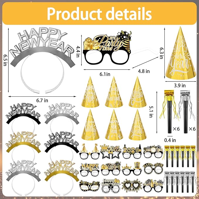 Openfly 36Pcs New Years Eve Party Supplies 2026 Happy New Year Hats Headband Tiara Noise Makers Paper Glasses Party Favors