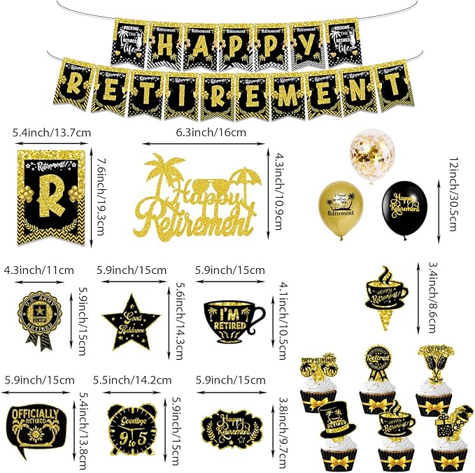 Retirement Party Decorations for Men Women, Black and Gold Happy Retirement Banners Balloons Cake Cupcake Toppers Hanging Swirls, Happy Retirement Party Supplies 42pcs